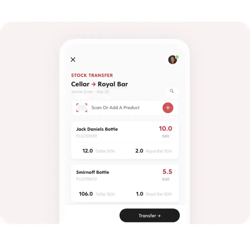 A mobile app showing stock transfer of jack daniels and Smirnoff bottles.
