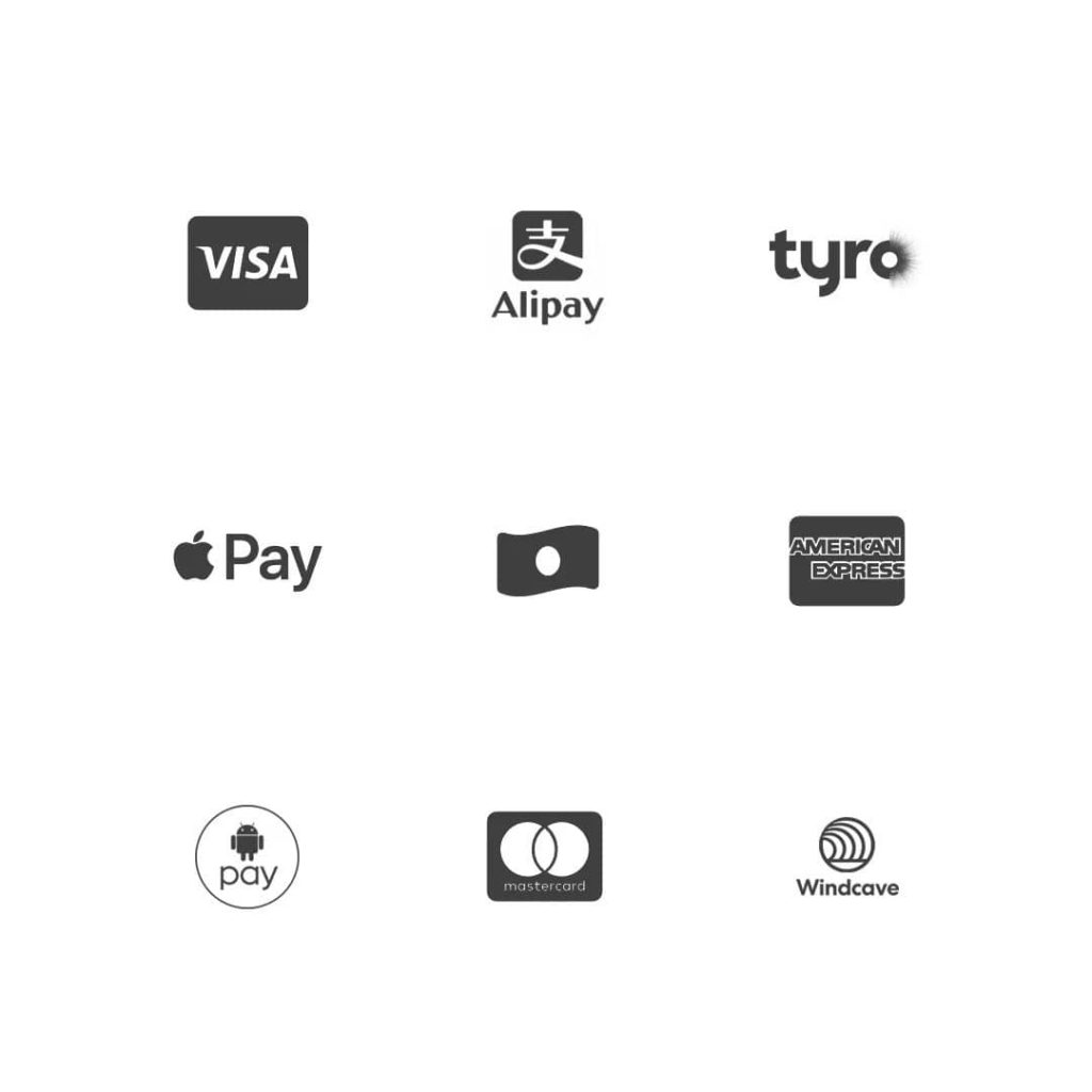 A black and white image of various payment logos.