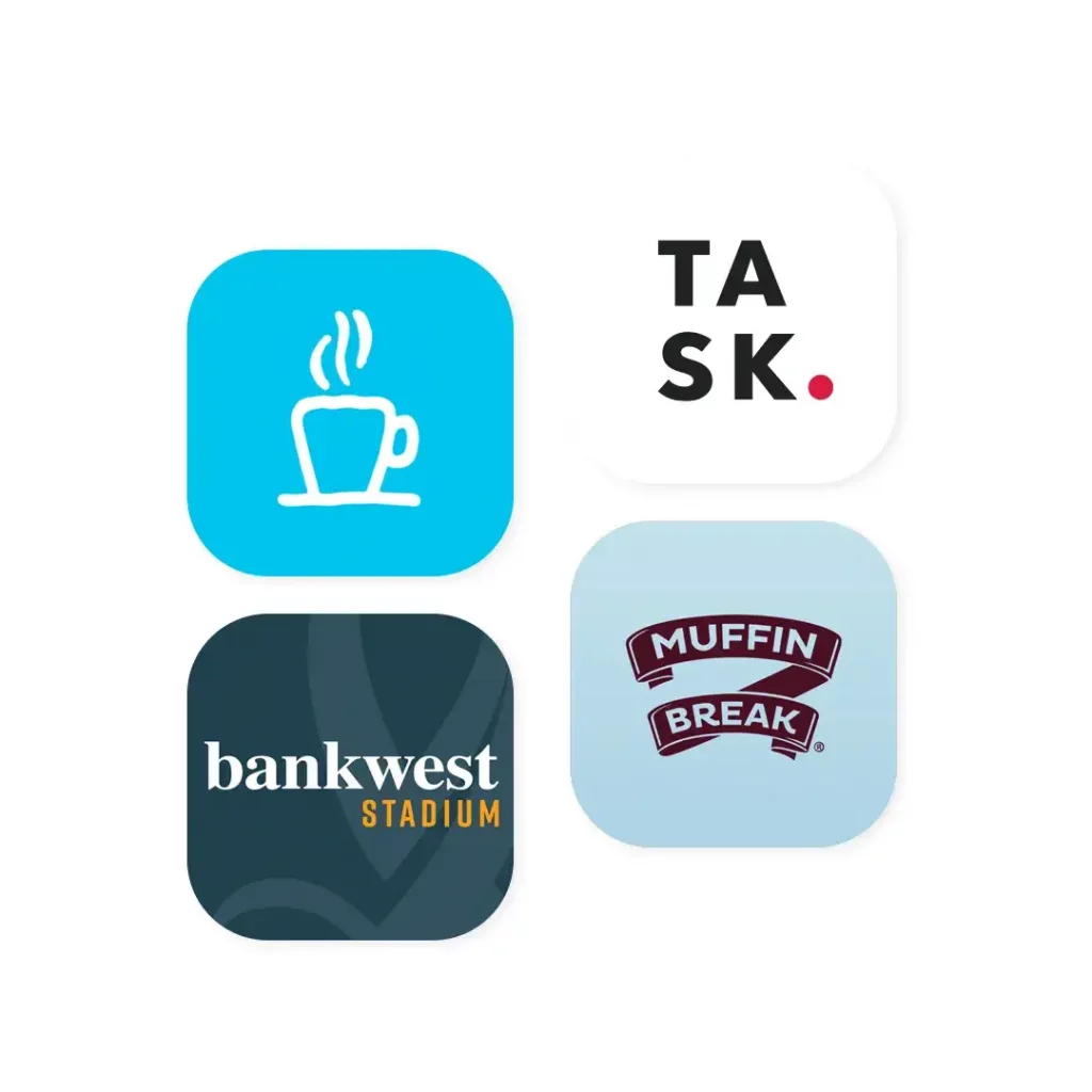 The logos for Bankwest, task, and Muffin Break