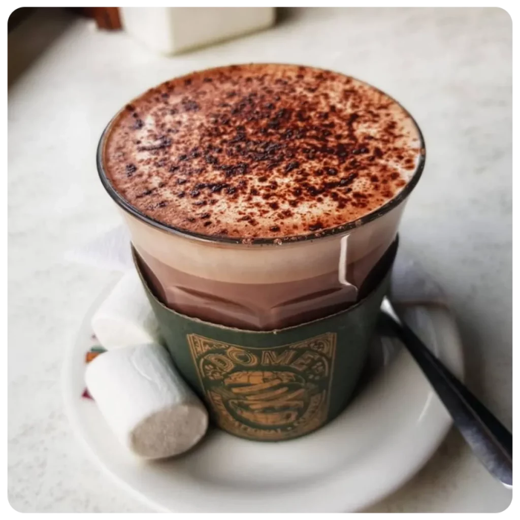 A cup of hot chocolate with marshmallows on top at Dome.