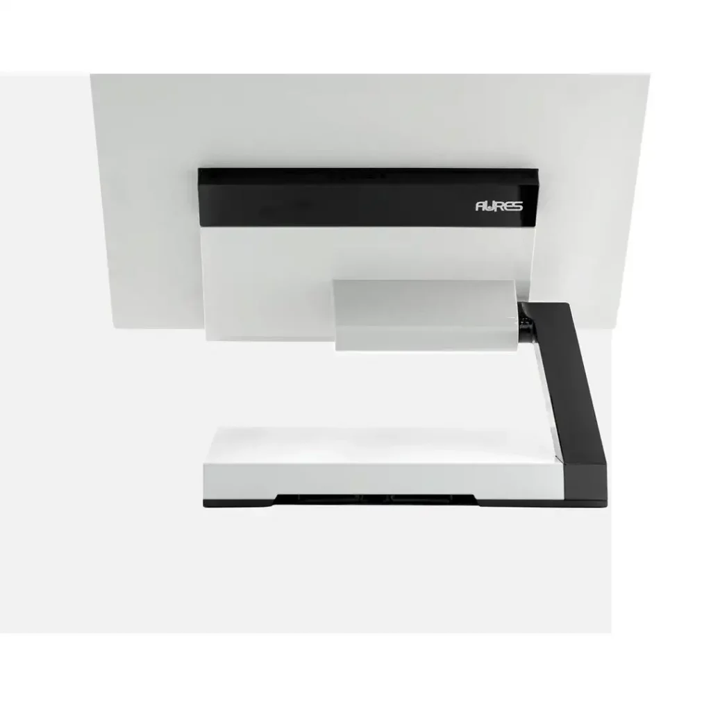 A white and black point of sale system with a black stand.