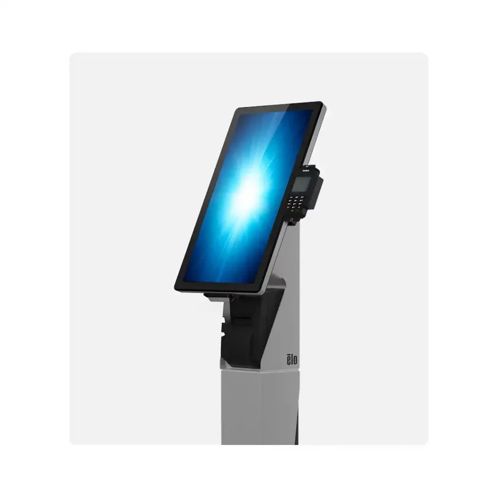 A pos terminal sitting on top of a stand.