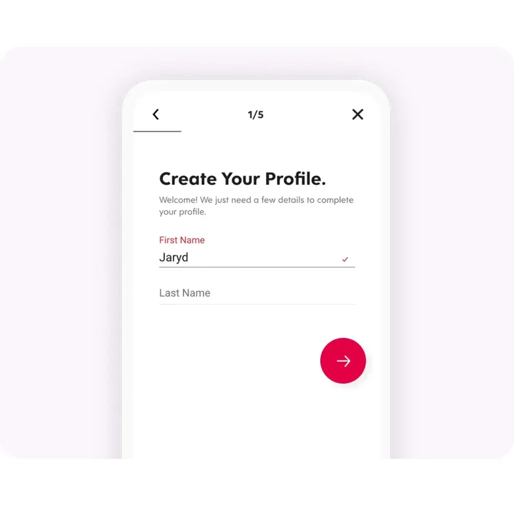 A phone screen showing the create your profile button.