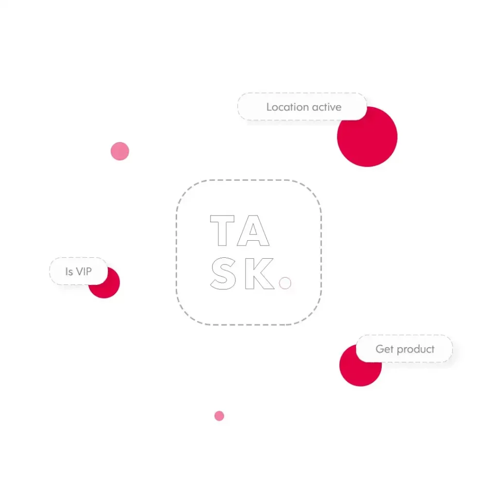 A white background with red dots and the word task.
