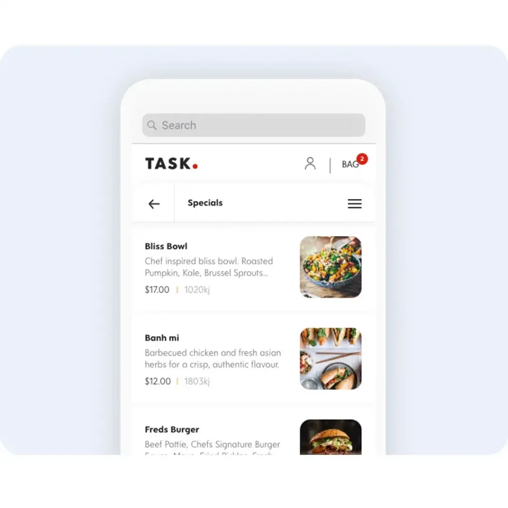 A mobile app displaying a menu where users can order food.