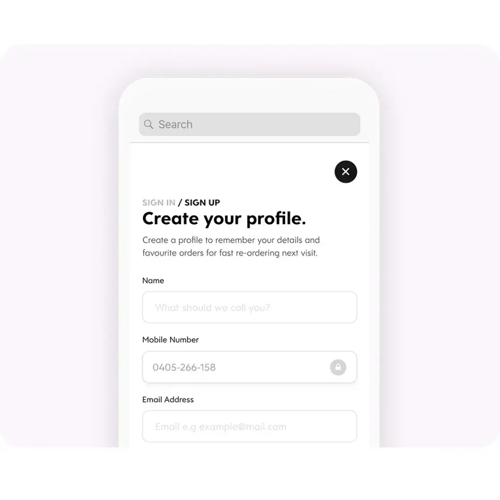 A phone screen showing the create your profile page.