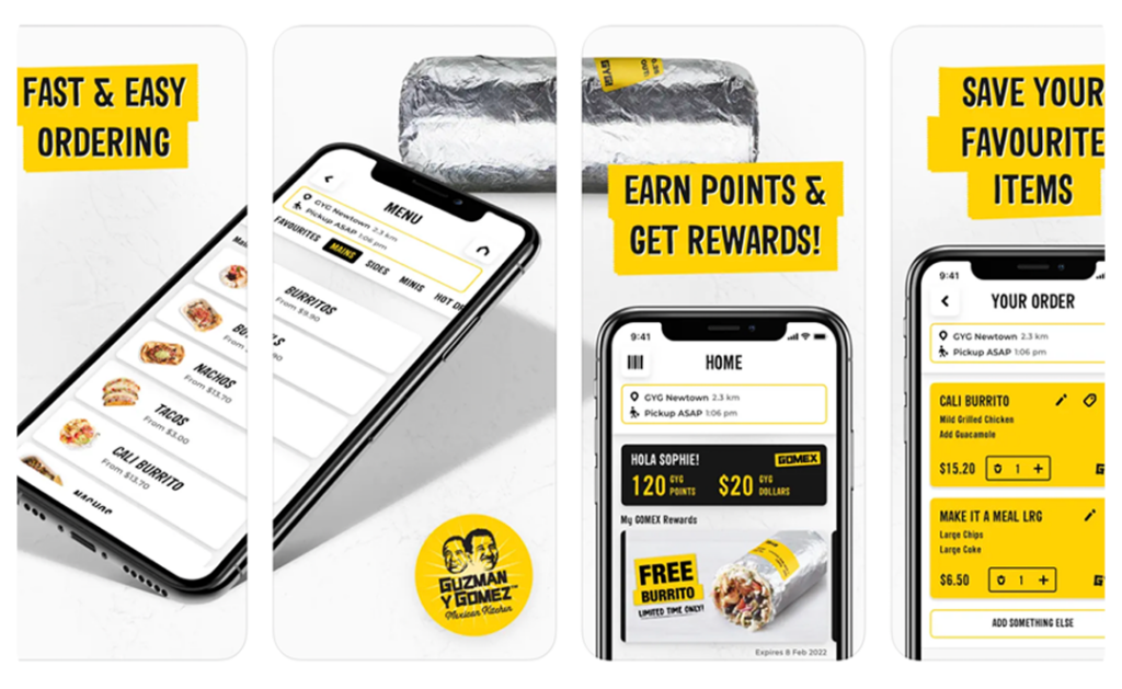 Guzman y Gomez promotional material showing faster easy ordering, rewards program and other app features