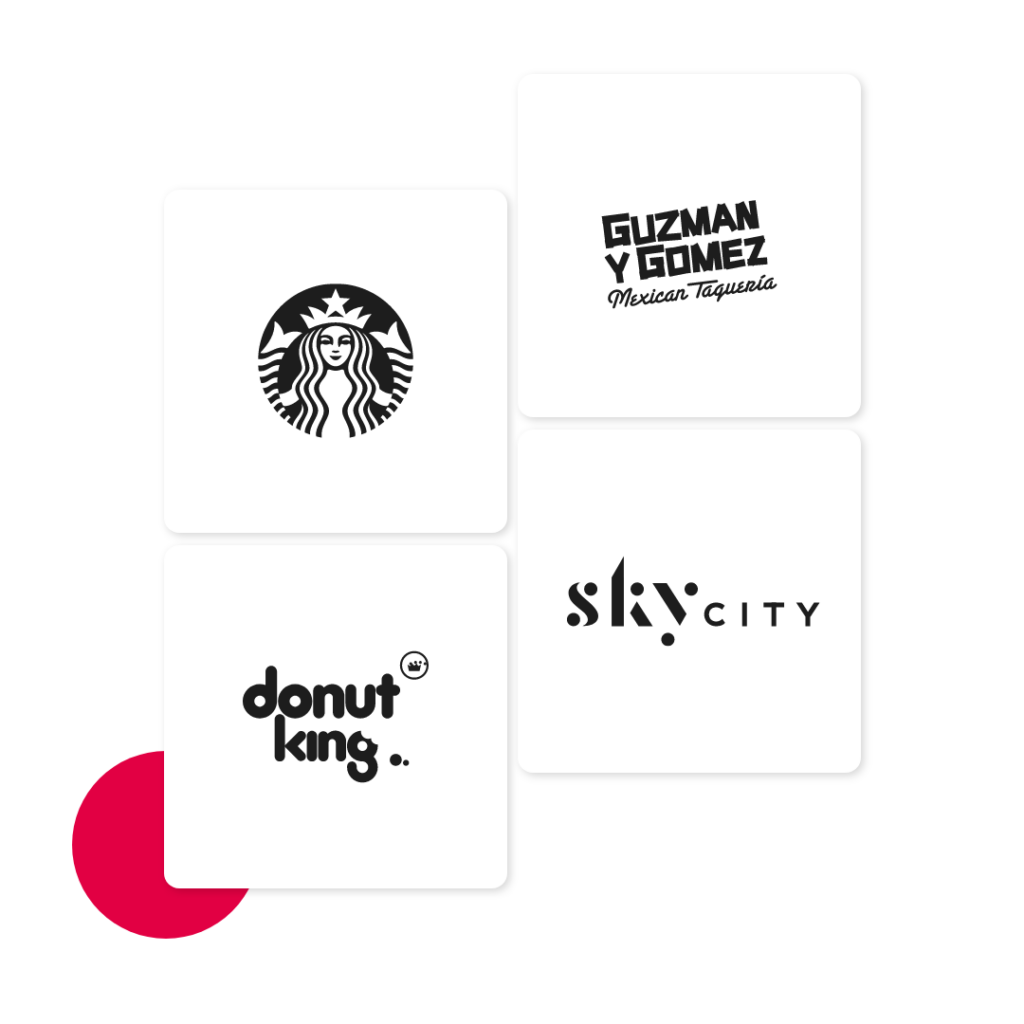 starbucks, guzman y gomez, donut king and sky city logos.