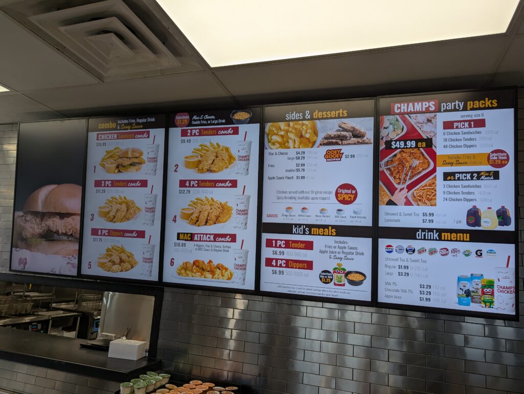Champs Chicken menu board