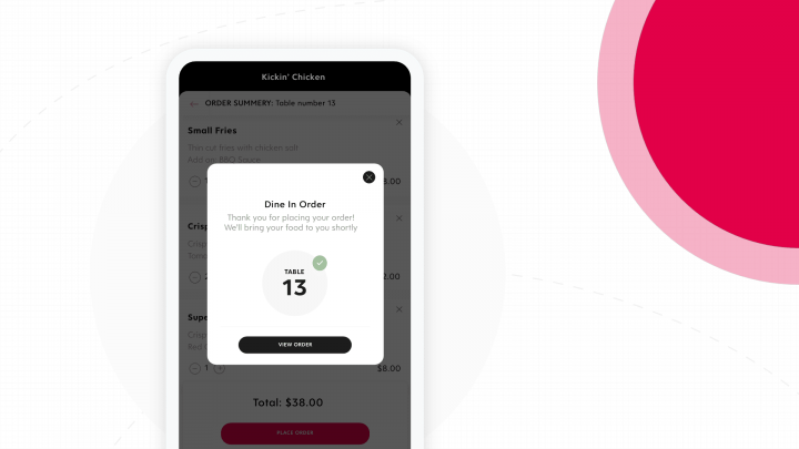 Kickin' Chicken mobile app showing an accepted food order for table 13.