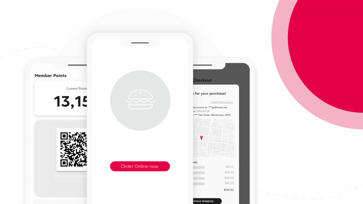 3 screens from a mobile app representing scaling of a quick service restaurants online ordering.
