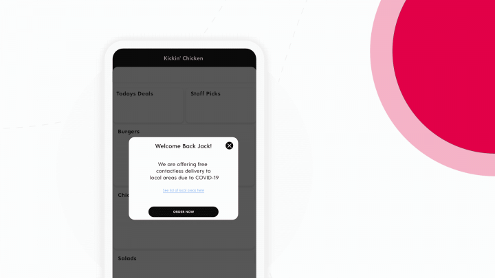 A mobile app showing a message about contactless delivery being free during covid-19.