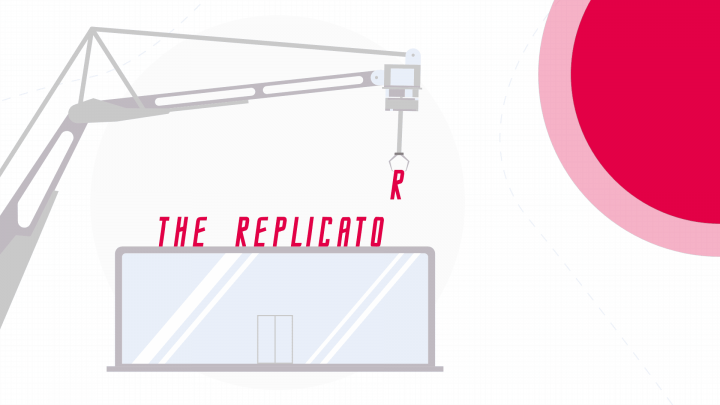 An illustration of a crane lifting letters into place on the restaurant of the future.