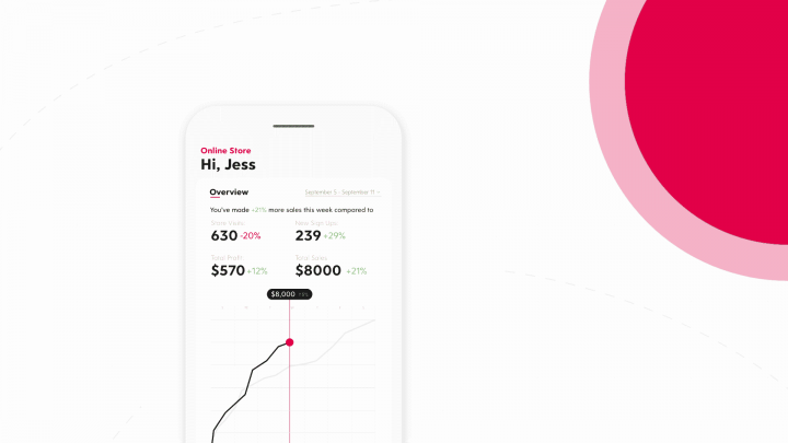 A phone showing an online stores analytics interface, showing growth in online sales and profit.