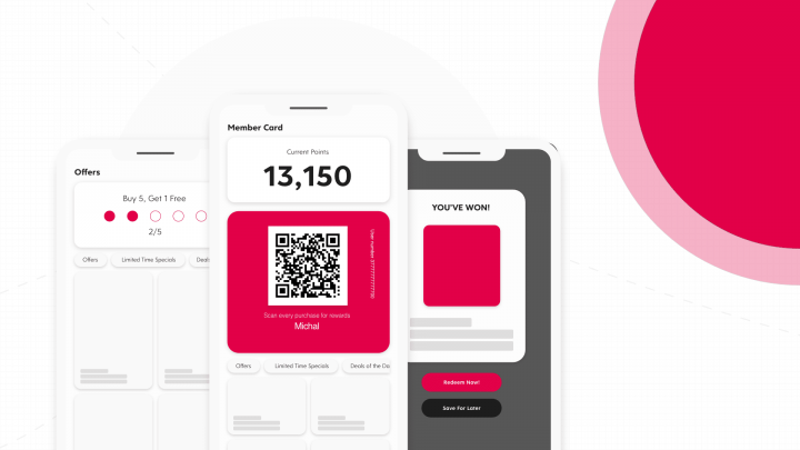 3 screens from a mobile app showing customer loyalty programs.
