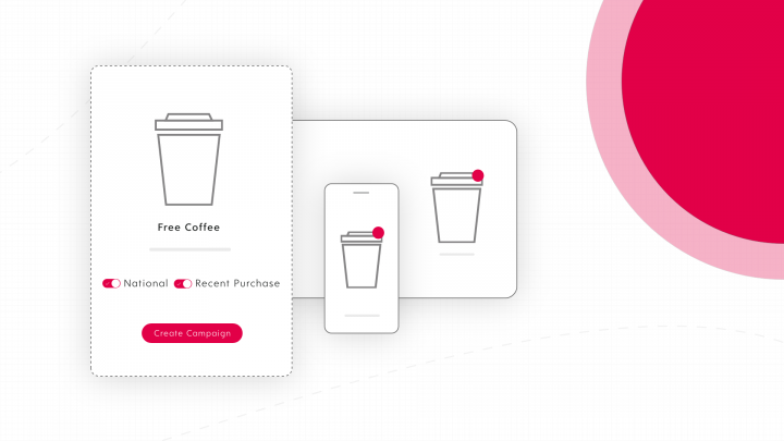 An illustration showing a coffee cup campaign being configured targeting recent purchases nationally.