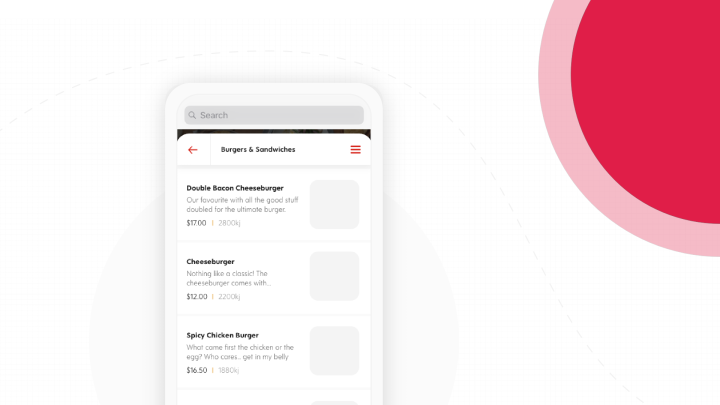 A mobile app showing menu for online ordering for a restaurant.