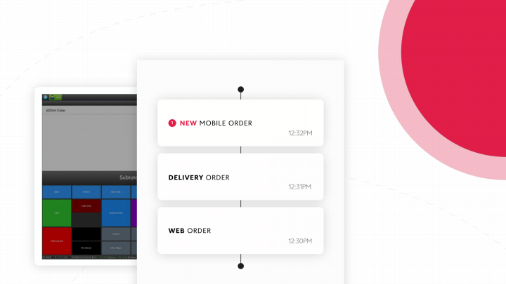 A mobile app with showing a record of mobile orders, overlaying a pos screen.